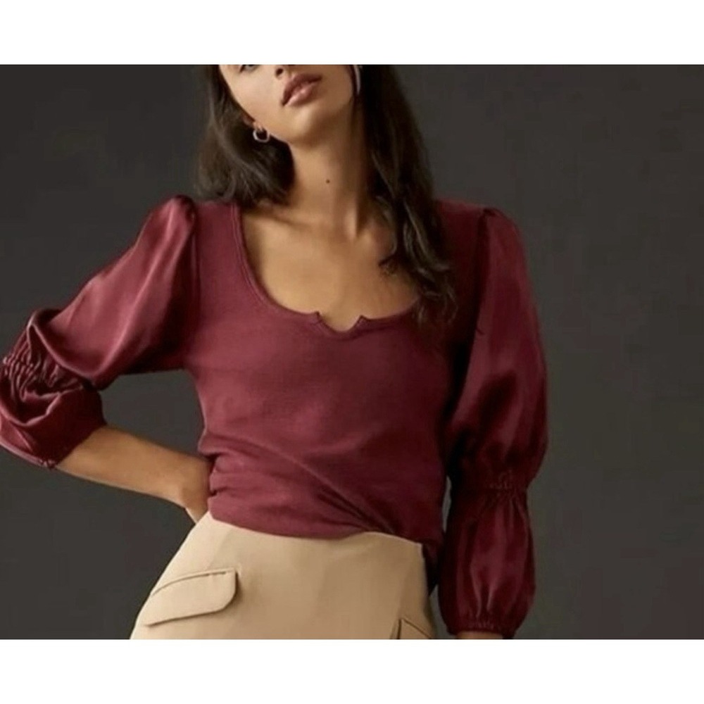 Anthropologie Maeve Ribbed Tiered Sleeve Top‎ XS Balloon Sleeve Knit Boho Blouse